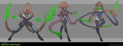 Rule 34 | 1girl, alternate costume, artist name, bare shoulders, black leotard, boots, border, breasts, character name, closed mouth, concept art, detached sleeves, evelynn (league of legends), full body, gauntlets, gem, glowing, glowing eyes, gradient background, green eyes, green hair, grey border, groin, helmet, highres, large breasts, league of legends, leotard, looking at viewer, multiple views, navel, pink leotard, thigh boots, thighhighs, vladbacescu, watermark, web address