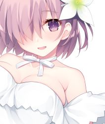 Rule 34 | 1girl, :d, bare shoulders, blush, breasts, choker, cleavage, collarbone, dress, fate/grand order, fate (series), flower, hair flower, hair ornament, hair over one eye, mash kyrielight, mash kyrielight (formal dress), medium breasts, miko (royal milk), off-shoulder dress, off shoulder, official alternate costume, open mouth, pink eyes, pink hair, ribbon, ribbon choker, short hair, simple background, smile, solo, strapless, strapless dress, tareme, upper body, white background, white choker, white dress, white ribbon