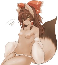 Rule 34 | 1girl, animal ears, blush, bow, breasts, brown eyes, brown hair, detached sleeves, dog girl, female focus, fox ears, fox tail, furrification, furry, furry female, hair bow, hakurei reimu, hawthorn, highres, legs together, long hair, navel, nipples, no bra, panties, red bow, simple background, small breasts, solo, squiggle, tail, thighs, topless, touhou, underwear, white background, white panties