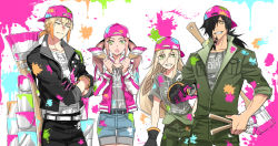 Rule 34 | 2boys, 2girls, aonagi (a-lot-of), asymmetrical gloves, baseball cap, belt, black belt, black gloves, black hair, black pants, blonde hair, blue shorts, closed eyes, collarbone, cowboy shot, crossed arms, eizen (tales), eleanor hume, gloves, green eyes, green overalls, green pants, grey shirt, grin, hair over one eye, hat, holding, holding brush, jacket, long hair, long sleeves, magilou (tales), multiple boys, multiple girls, namco, official alternate costume, open clothes, open jacket, open mouth, pants, pink gloves, pink hair, pink headwear, pink jacket, print shirt, rokurou rangetsu, shirt, short ponytail, shorts, single glove, smile, standing, tales of (series), tales of berseria, tied shirt, twintails, two-tone gloves, uneven gloves, very long hair, white belt, yellow eyes