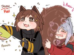 Rule 34 | 2girls, animal ears, arknights, black gloves, bowl, brown eyes, brown hair, commentary, eating, english commentary, closed eyes, firefighter, firefighter jacket, fluffy, fur trim, gloves, grey hair, guin guin, holding, hood, hooded jacket, jacket, long hair, long sleeves, multiple girls, no headwear, open clothes, open jacket, open mouth, peanut, projekt red (arknights), red jacket, shaw (arknights), short hair, sparkle, squirrel girl, squirrel tail, tail, wolf ears, wolf girl
