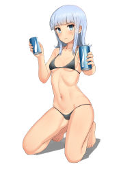 Rule 34 | 1girl, absurdres, bad id, bad pixiv id, barefoot, bikini, black bikini, blue eyes, blue hair, blunt bangs, can, collarbone, drink can, foreshortening, full body, hatsukaze (kancolle), highres, kantai collection, kneeling, looking at viewer, navel, osananajimi neko, shadow, simple background, soda can, solo, swimsuit, white background