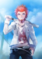 Rule 34 | 1boy, arm up, baseball bat, beard, belt, belt buckle, black belt, black pants, blue eyes, blue sky, buckle, chiko (d04099), clenched teeth, cloud, collar, collarbone, collared jacket, danganronpa (series), day, facial hair, high collar, holding, holding baseball bat, jacket, jewelry, kuwata leon, long sleeves, looking at viewer, male focus, necklace, open clothes, open jacket, orange hair, outdoors, pants, pocket, shirt, short hair, sky, smile, solo, spiked hair, standing, teeth, white jacket, white shirt