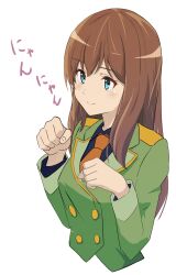 Rule 34 | 1girl, black shirt, blue eyes, brown hair, buttons, claw pose, collared shirt, double-breasted, from side, green jacket, hair between eyes, hibike! euphonium, highres, jacket, kuroe mayu, long hair, necktie, orange necktie, sanche (3che3), shirt, simple background, solo, upper body, white background