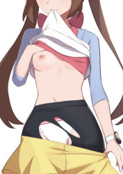 Rule 34 | 1girl, biting, biting clothes, blue shirt, bow, bra, bra lift, breasts, brown hair, clothes lift, commentary request, covering one breast, covering privates, creatures (company), facing viewer, female focus, game freak, head out of frame, highres, midriff, morisobo, multiple tails, nintendo, nipples, one breast out, panties, pantyhose, pink bra, pokemon, pokemon bw2, rosa (pokemon), shirt, shirt lift, shorts, simple background, solo, tail, torn clothes, two-tone shirt, two tails, underwear, watch, white panties, white shirt, yellow shorts