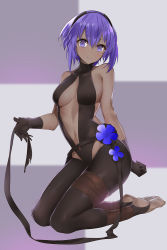 Rule 34 | 1girl, arm behind back, artist name, black gloves, black legwear, blurry, blurry background, breasts, center opening, checkered background, commentary request, dark-skinned female, dark skin, fate/prototype, fate/prototype: fragments of blue and silver, fate (series), flower, full body, gloves, hair between eyes, hairband, hassan of serenity (fate), highres, kneeling, leotard, looking at viewer, medium breasts, navel, purple eyes, purple hair, short hair, solo, toeless legwear, toes, turtleneck, yaman (yamanta lov)