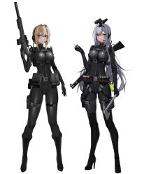 Rule 34 | 2girls, absurdres, assault rifle, axe, black footwear, black gloves, bodysuit, boots, breasts, chest harness, cigarette, cross-laced footwear, elbow gloves, gloves, grey hair, gun, harness, high heel boots, high heels, highres, holding, holding axe, holding gun, holding weapon, impossible clothes, lace-up boots, large breasts, latex, latex bodysuit, latex gloves, leotard, long hair, military, multiple girls, night vision device, original, purple eyes, red eyes, rifle, shotgun, shotgun shell, skin tight, smoking, tactical clothes, thigh boots, weapon, wsfw