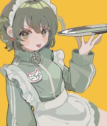 Rule 34 | 1girl, :p, alternate costume, apron, blush, enmaided, green jacket, highres, holding, holding tray, idolmaster, idolmaster shiny colors, jacket, jersey maid, long sleeves, looking at viewer, maid, maid apron, maid headdress, morino yu2, name tag, nanakusa nichika, short hair, simple background, solo, tongue, tongue out, track jacket, tray, two side up, unconventional maid, white apron, yellow background, zipper pull tab