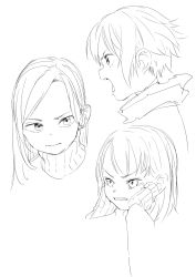 Rule 34 | 3girls, angry, clenched teeth, crying, female focus, hands on own face, highres, medium hair, monochrome, multiple girls, open mouth, original, portrait, satsuyo, short hair, sketch, sleeves past wrists, tears, teeth, turtleneck