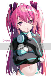 Rule 34 | 1girl, absurdres, blue hair, breasts, cleavage, closed mouth, commission, english text, finger to mouth, fingernails, hair between eyes, hair ribbon, headphones, headphones around neck, highres, long hair, looking at viewer, multicolored hair, nail polish, navel, original, pink hair, pink nails, pink pupils, purple eyes, purple ribbon, ribbon, sleeves past wrists, solo, streaked hair, syu45, twitter username
