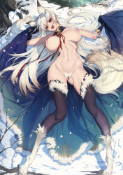 Rule 34 | 1girl, animal ear fluff, animal ears, animal feet, bare shoulders, breasts, breasts apart, censored, cleft of venus, cloak, commission, detached collar, fang, female pubic hair, fox, fox ears, fox tail, fur trim, grey hair, highres, large breasts, linea alba, long hair, looking at viewer, lying, navel, neck ribbon, nipples, nude, on back, open mouth, original, outdoors, pointless censoring, pubic hair, pussy, red eyes, ribbon, rodway, skin fang, smile, solo, tail, thighhighs, very long hair, white hair, wide hips