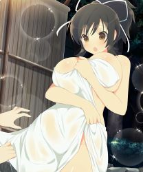 Rule 34 | 1girl, absurdres, asuka (senran kagura), black hair, breast hold, breasts, brown eyes, disembodied hands, hair ribbon, highres, large breasts, naked towel, open mouth, ponytail, pulling another&#039;s clothes, ribbon, senran kagura, shiny skin, towel, yaegashi nan