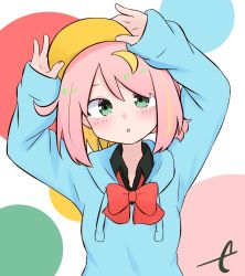 Rule 34 | 1girl, adjusting clothes, adjusting headwear, arms up, black shirt, blonde hair, blue hoodie, blush, bow, collared shirt, commentary request, drawstring, eyebrows hidden by hair, green eyes, hair between eyes, hat, hood, hood down, hoodie, kujou karasuma, long sleeves, multicolored hair, original, parted lips, pink hair, red bow, shirt, signature, sleeves past wrists, solo, streaked hair, two-tone hair, upper body, visor cap, white background, yellow hat