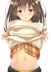 Rule 34 | 1girl, aran sweater, arms up, belt, brown eyes, brown hair, cable knit, closed mouth, clothes lift, collared shirt, dress shirt, hair between eyes, kinugasa yuuichi, lifted by self, long hair, long sleeves, looking at viewer, navel, original, panties, pinky out, plaid, plaid shirt, shirt, shirt lift, simple background, smile, solo, stomach, sweater, underwear, upper body, white background, yellow panties