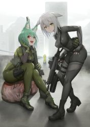 Rule 34 | 1other, 2girls, animal ears, assault rifle, belt, black bodysuit, black footwear, bob cut, bodysuit, boots, breasts, closed mouth, commentary request, covered erect nipples, dot mouth, eliminator kaede-san, explosive, full body, green bodysuit, green eyes, green footwear, green hair, grenade, grenade launcher, grey vest, gun, hair between eyes, hand on own hip, happy, highres, holding, holding gun, holding weapon, inverted bob, kuratsuki kaede, kurone rinka, large breasts, leaning forward, looking at viewer, medium hair, multiple girls, open mouth, red eyes, rifle, short hair, sig sg552, sitting, sitting on head, sitting on person, skindentation, tactical clothes, thigh belt, thigh strap, thighs, vest, weapon, white hair