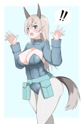 Rule 34 | !, !!, 1girl, alternate breast size, alternate costume, animal ears, blue background, blue eyes, blue leotard, blush, border, breasts, cleavage, eila ilmatar juutilainen, fox ears, fox tail, highres, large breasts, leotard, long hair, military, military uniform, open mouth, pantyhose, simple background, solo, strike witches, sweat, tail, uniform, white border, white hair, white pantyhose, world witches series, yohijikon