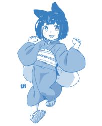 Rule 34 | 1girl, :d, animal ears, blue theme, commentary request, eyebrows hidden by hair, fox ears, fox girl, fox tail, full body, hands up, japanese clothes, kimono, kitsune, kukuri (mawaru), long sleeves, looking at viewer, mawaru (mawaru), monochrome, obi, open mouth, original, sandals, sash, shoe soles, short hair, simple background, smile, solo, tail, white background, wide sleeves, zouri