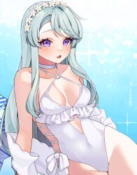 Rule 34 | 1girl, blush, breasts, casual one-piece swimsuit, collarbone, covered navel, cowboy shot, cross-laced slit, cutout above navel, dutch angle, flower, grey hair, groin, hair flower, hair ornament, highres, kantai collection, kozu (bloomme1 me), long hair, o-ring, o-ring swimsuit, official alternate costume, one-piece swimsuit, open mouth, purple eyes, sagiri (kancolle), sideless outfit, sidelocks, small breasts, solo, swimsuit, twitter username, white flower, white one-piece swimsuit