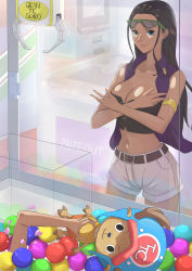 Rule 34 | 1girl, absurdres, alternate costume, armlet, ball, bare arms, bare shoulders, belt, black hair, blue eyes, breasts, casual, character doll, cheating (competitive), cleavage, closed mouth, collarbone, collared vest, contemporary, cowboy shot, crossed arms, dark-skinned female, dark skin, extra arms, eyewear on head, hair slicked back, hana hana no mi, hands up, highres, long hair, looking at object, midriff, navel, nico robin, one piece, puppet, purple vest, shorts, smile, solo, stomach, sunglasses, tony tony chopper, vest, white shorts, wing collar, yone-chan (kuwm5222)