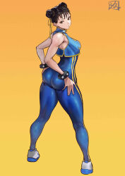 Rule 34 | 1girl, absurdres, artist logo, ass, ass support, black eyes, black hair, blue bodysuit, blue vest, bodysuit, bracelet, breasts, capcom, chinese commentary, chun-li, commentary, double bun, double vertical stripe, full body, hair bun, hair ribbon, hands on own ass, highres, jewelry, juaag acgy, legs apart, looking back, medium breasts, ribbon, shoes, short hair, simple background, skin tight, sneakers, solo, spiked bracelet, spikes, standing, street fighter, street fighter zero (series), twisted torso, vest, white footwear, yellow background, yellow ribbon