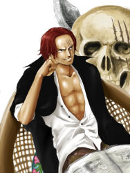 Rule 34 | 1boy, black jacket, hand rest, jacket, jacket on shoulders, jolly roger, leaning, male focus, newspaper, one piece, open collar, reading, red hair, scar, shanks (one piece), shirt, sitting, skull, smile, solo, white background, white shirt
