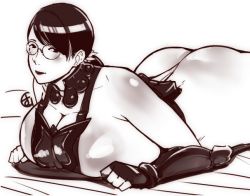 Rule 34 | 1girl, apron, ass, breast press, breasts, cattleya (queen&#039;s blade), cleavage, ganto, glasses, huge ass, huge breasts, lying, monochrome, on stomach, plump, the pose, underwear, white background