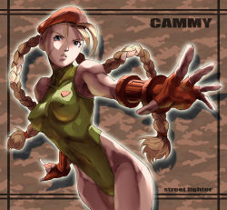 Rule 34 | 1990s (style), 1girl, blonde hair, blue eyes, braid, breasts, cammy white, capcom, covered erect nipples, female focus, fingerless gloves, gloves, hat, highleg, highleg leotard, leotard, long hair, outstretched arm, outstretched hand, reaching, scar, solo, street fighter, street fighter ii (series), ttchi, twin braids, very long hair
