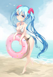 Rule 34 | 1girl, animal, aqua eyes, aqua hair, artist name, bare shoulders, beach, bikini, bird, blue sky, breasts, cleavage, cloud, cloudy sky, collarbone, day, eyelashes, food-themed hair ornament, full body, green eyes, green hair, hair ornament, hatsune miku, highres, jang hj, lifebuoy, light smile, long hair, looking at viewer, matching hair/eyes, medium breasts, ocean, outdoors, parted lips, sky, solo, standing, standing on one leg, swim ring, swimsuit, twintails, very long hair, vocaloid, water, watermelon hair ornament, waves, white bikini