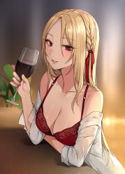 Rule 34 | 1girl, alcohol, arm under breasts, bad id, bad pixiv id, bare shoulders, blonde hair, blurry, blush, bra, braid, breasts, canape (canape0130), collarbone, cup, depth of field, drinking glass, fingernails, hair ribbon, hand up, highres, holding, holding cup, indoors, leaning, lingerie, long hair, looking at viewer, medium breasts, mole, mole under eye, nail polish, off shoulder, open clothes, open shirt, original, parted bangs, parted lips, plant, red bra, red eyes, red nails, ribbon, sleeves rolled up, solo, table, underwear, wine, wine glass