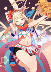 Rule 34 | 1girl, baton, bike shorts, blonde hair, blue eyes, blush, breasts, cheerleader, clothes lift, crop top, crop top overhang, elbow gloves, fingerless gloves, gloves, highres, kaku-san-sei million arthur, large breasts, long hair, looking at viewer, marble, midriff, million arthur (series), miniskirt, navel, one eye closed, open mouth, pom pom (cheerleading), selenoring, skirt, skirt lift, smile, solo, twintails, wand, wind, wind lift