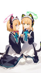 Rule 34 | 2girls, :o, absurdres, alternate costume, animal ear headphones, animal ears, apron, black dress, blue archive, bow, cat tail, dress, eco 376124, enmaided, fake animal ears, fake tail, green bow, green halo, hair bow, hair ornament, halo, headphones, highres, long sleeves, looking at another, maid, maid apron, maid headdress, midori (blue archive), midori (maid) (blue archive), momoi (blue archive), momoi (maid) (blue archive), multiple girls, official alternate costume, open mouth, pantyhose, paw pose, pink bow, pink eyes, pink halo, puffy long sleeves, puffy sleeves, short hair, short ponytail, siblings, simple background, sisters, sitting, tail, twins, waist apron, white background, white headdress, white pantyhose