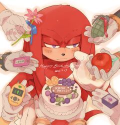 Rule 34 | 2girls, 6+boys, amy rose, apple, black fur, blue bow, bomb, bow, box, bracelet, cake, closed mouth, dated, english text, explosive, fang, flower, food, fruit, furry, furry male, gem, gloves, gold bracelet, half-closed eyes, hands on own hips, happy birthday, holding, holding bomb, holding box, holding flower, holding food, holding fruit, holding plate, jewelry, knuckles the echidna, leaf, lemon, lemon slice, lime (fruit), lime slice, looking at another, multiple boys, multiple girls, necklace, pink flower, plate, purple eyes, purple gemstone, red bow, red fur, rouge the bat, shadow, shadow the hedgehog, silver the hedgehog, simple background, sk rokuro, solo focus, sonic (series), sonic the hedgehog, standing, tails (sonic), vector the crocodile, white background, white fur, white gloves, yellow fur