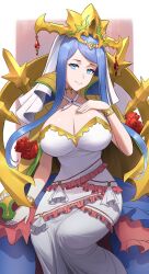 Rule 34 | 1girl, absurdres, blue eyes, blue hair, breasts, cape, crown, dress, fire emblem, fire emblem engage, flower, hand on own chest, headdress, highres, large breasts, long hair, looking at viewer, lumera (fire emblem), nintendo, red flower, shou illust, sitting, smile, solo, white dress, wide hips, yellow cape