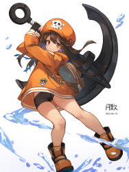 Rule 34 | 1girl, absurdres, anchor, backpack, bag, black gloves, black shorts, boots, brown hair, closed mouth, dated, fingerless gloves, full body, gloves, guilty gear, guilty gear strive, hat, highres, holding, holding anchor, hood, hood down, hoodie, long hair, long sleeves, looking at viewer, may (guilty gear), orange eyes, orange footwear, orange hat, orange hoodie, short shorts, shorts, simple background, skull and crossbones, smile, solo, tsukibara, water, white background