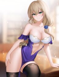Rule 34 | 1girl, adapted costume, arm support, bare shoulders, black thighhighs, breasts, collarbone, commentary, dress, genshin impact, gigamessy, green eyes, highres, large breasts, light brown hair, lisa (genshin impact), long hair, looking at viewer, navel, no headwear, off-shoulder dress, off shoulder, purple dress, short sleeves, smile, solo, thighhighs