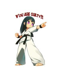 Rule 34 | 1girl, absurdres, barefoot, belt, black belt, black hair, chinese commentary, clenched hand, commentary request, dougi, english text, full body, highres, kuma-bound, long hair, martial arts belt, open mouth, original, pants, pink eyes, pointing, simple background, solo, standing, toes, white background, white pants