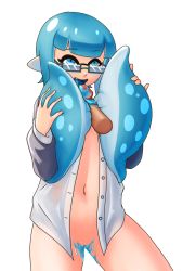 Rule 34 | 1girl, artist request, blue eyes, blue hair, blush, bottomless, disembodied penis, fellatio, glasses, highres, ink, inkling, inkling girl, inkling player character, long hair, naked shirt, navel, nintendo, oral, penis, pussy, shirt, solo focus, splatoon (series), tentacle hair, tongue, tongue out, tonguejob, unbuttoned, unbuttoned shirt, uncensored