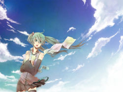 Rule 34 | 1girl, cloud, day, detached sleeves, flying paper, green eyes, green hair, hatsune miku, ichinashi, long hair, matching hair/eyes, open mouth, paper, skirt, sky, solo, thighhighs, twintails, vocaloid, wind