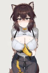 Rule 34 | 1girl, absurdres, animal ears, blush, breasts, brown hair, cleavage, closed mouth, cowboy shot, girls&#039; frontline neural cloud, gloves, highres, large breasts, long hair, pants, ribu (rv), solo, sweat, tail, turing (neural cloud)