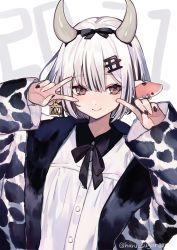 Rule 34 | 1girl, 2021, animal ears, animal print, arms up, bow, chinese zodiac, closed mouth, commentary request, cow ears, cow horns, cow print, ear tag, grey horns, hair bow, hair ornament, horns, jacket, looking at viewer, nail polish, new year, open clothes, open jacket, original, shirt, short hair, shugao, sidelocks, smile, solo, upper body, v, white hair, white shirt, year of the ox