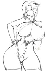 Rule 34 | absurdres, breasts, haganef, highres, huge breasts, monochrome, monokini, muv-luv, muv-luv alternative, muv-luv total eclipse, short hair, sketch, stella bremer, swimsuit, thick thighs, thighs