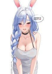 Rule 34 | 1girl, absurdres, amai-pai, animal ear fluff, animal ears, apron, artist name, black choker, blue hair, bow, braid, breasts, choker, cleavage, commentary, english commentary, english text, hair between eyes, hair bow, hair over shoulder, heart, highres, hololive, large breasts, leaning forward, looking at viewer, mature female, multicolored hair, open mouth, pekomama, rabbit ears, rabbit girl, red eyes, simple background, solo, speech bubble, spoken heart, thick eyebrows, two-tone hair, virtual youtuber, white apron, white background, white bow, white hair