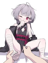 Rule 34 | 1girl, absurdres, applying bandages, bandaged arm, bandaged foot, bandaged leg, bandages, black kimono, black nails, blue archive, blush, breasts, cleavage cutout, clothing cutout, commentary request, feet, grey hair, highres, hirotaka0125, japanese clothes, kimono, legs, long hair, nail polish, obi, one eye closed, pink pupils, pointy ears, pov, pov hands, red eyes, sash, shuro (blue archive), small breasts, solo focus, tearing up, toenail polish, toenails, toes, very long hair
