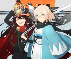 Rule 34 | 2girls, ^ ^, bird, blonde hair, blush, buttons, cape, closed eyes, copyright name, crest, double-breasted, family crest, fate/grand order, fate (series), gloves, grey eyes, hat, hayashi kewi, katana, koha-ace, long hair, looking at viewer, multiple girls, oda nobunaga (fate), oda nobunaga (koha-ace), okita souji (fate), okita souji (koha-ace), open mouth, shinsengumi, short hair, smile, sword, teeth, weapon, white gloves
