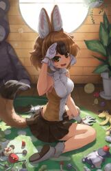 Rule 34 | 1girl, animal ear fluff, animal ears, bare shoulders, blush, boots, brown eyes, brown shirt, dhole (kemono friends), dog ears, dog girl, dog tail, gloves, highres, kemono friends, looking at viewer, melaton, open mouth, salute, shirt, sitting, sleeveless, smile, solo, stuffed animal, stuffed toy, tail, teddy bear, toy, two-tone shirt, wariza, white footwear, white gloves, white shirt