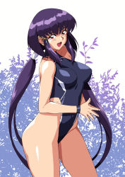 Rule 34 | 1990s (style), 1girl, absurdres, ass, bare arms, bare shoulders, bnc (bunshi), breasts, competition swimsuit, hair ornament, highres, long hair, looking at viewer, masaki aeka jurai, medium breasts, one-piece swimsuit, open mouth, purple hair, red eyes, retro artstyle, sidelocks, smile, solo, swimsuit, tenchi muyou!, thighs, twintails, very long hair