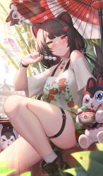 Rule 34 | 1girl, animal ears, bamboo, bell, black footwear, blue nails, blush, boots, brown hair, choker, closed mouth, day, dog ears, dog tail, flower, hair flower, hair ornament, heterochromia, highres, inui toko, jingle bell, lips, long hair, looking at viewer, low twintails, nail polish, neck bell, nijisanji, off-shoulder shirt, off shoulder, oil-paper umbrella, print shirt, red eyes, shirt, smile, suraimu (suraimuraimu), tail, tanzaku, thigh strap, thighs, twintails, umbrella, very long hair, virtual youtuber, white legwear, white shirt, wind chime, wristband