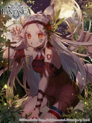 Rule 34 | 1girl, animal ears, armband, bare shoulders, barefoot, braid, claws, clenched teeth, facial mark, flower, forest, gyakushuu no fantasica, hair flower, hair ornament, jewelry, long hair, looking at viewer, miniskirt, nature, necklace, paw pose, red eyes, rwael, skirt, solo, tail, teeth, tree, twin braids, white hair