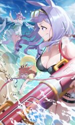 Rule 34 | 3girls, = =, absurdres, animal ears, beach, black one-piece swimsuit, blush, breasts, caustics, cleavage, cloud, day, dress, eyewear on head, gold ship (run revolt launcher) (umamusume), gold ship (umamusume), grin, highres, holding, holding water gun, horizon, horse ears, horse girl, horse tail, inflatable armbands, innertube, large breasts, long hair, magictuna, mayano top gun (umamusume), mejiro mcqueen (ripple fairlady) (umamusume), mejiro mcqueen (umamusume), multiple girls, ocean, one-piece swimsuit, open mouth, orange hair, outdoors, purple eyes, purple hair, sand, sideways mouth, small breasts, smile, sparkle, standing, sunglasses, swim ring, swimsuit, tail, thigh strap, umamusume, water drop, water gun, white dress