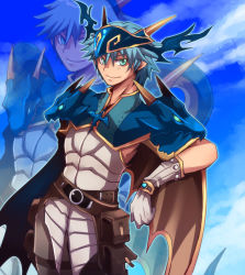 Rule 34 | 1boy, belt, blue hair, blue sky, brown belt, brown cape, brown pants, cape, character request, closed mouth, cloud, commentary request, cowboy shot, creator (ragnarok online), crossover, dragon, dragon chronicle, emon-yu, gloves, green eyes, hair between eyes, helmet, horns, living clothes, looking at viewer, pants, pouch, ragnarok online, shirt, short hair, sky, sleeveless, sleeveless shirt, smile, solo, white gloves, white shirt